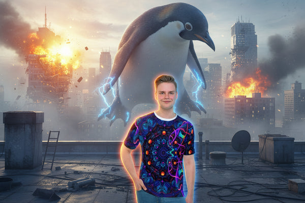 Person wearing a colorful shirt with a large penguin in an apocalyptic cityscape