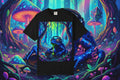 Black t-shirt with a colorful graphic of a frog on a turntable and DJ mixer.