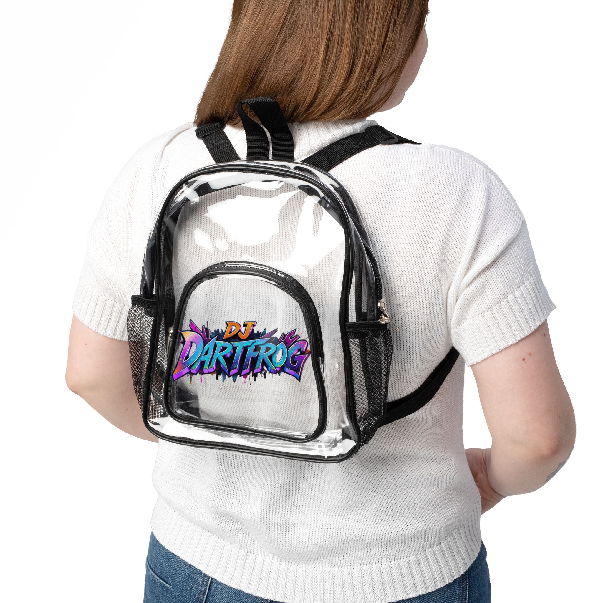 Clear Stadium Backpack — Transparent School & Event Bag with DJ Dartfrog Logo